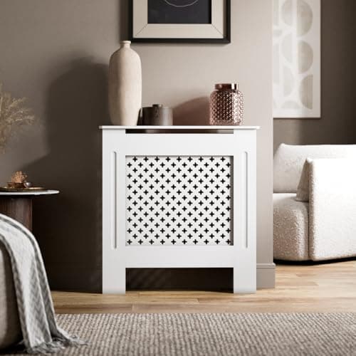 Image of Radiant Living Radiator Cover Diamond Cross Pattern, Modern White MDF Radiator Cabinet for Living Room & Bedroom, Small 78 x 81.5 x 19cm