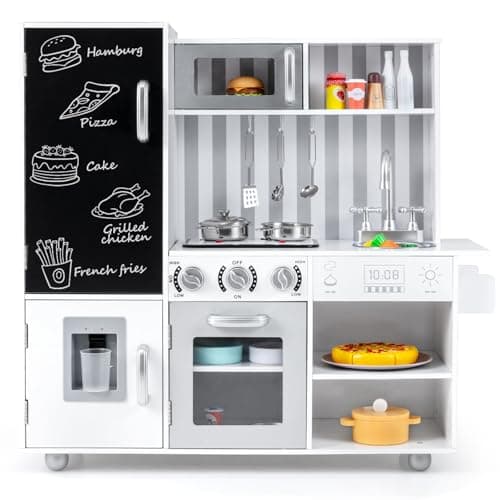 Image of COSTWAY Kids Wooden Kitchen, Large Pretend Play Kitchen with Lights & Sounds, Blackboard, Realistic Oven, Sink, Utensils, Children Cooking Role Playset for Boys Girls (White+Silver)