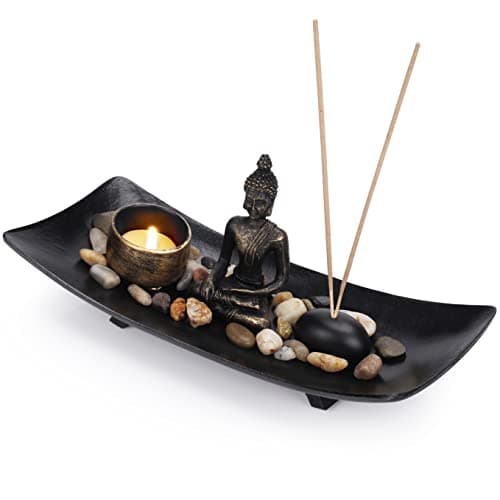Image of Belle Vous Sitting Buddha Candle and Incense Stick Holder in Zen Garden Tray - Natural Stone Rocks, Tea light Holder and Mini Statue - Table Top Ornament For Gift, Home Decor & Office
