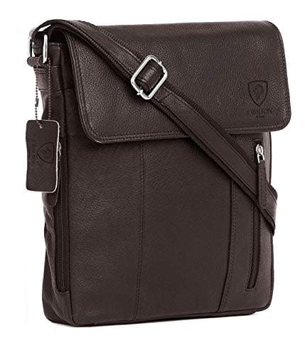 Image of J. Wilson London 100% Pure Genuine Real Vintage Hunter Leather Handmade Mens Women Leather Flapover Everyday Crossover Shoulder Work iPad Messenger Bag (Brown)
