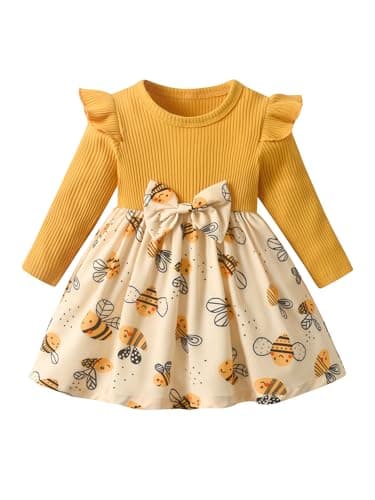 Image of Kumsolu Toddler Baby Girl Clothes Dress Bee Print Long Sleeve Dresses 18-24M Yellow