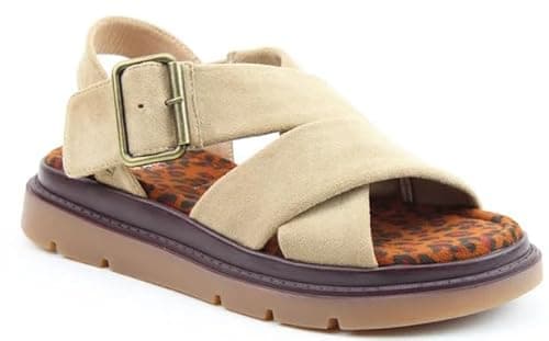 Image of Heavenly Feet Amiee Women's Crossover Strap Sandals with Buckle Closure (Sand Suede, UK Footwear Size System, Adult, Women, Numeric, Medium, 6)