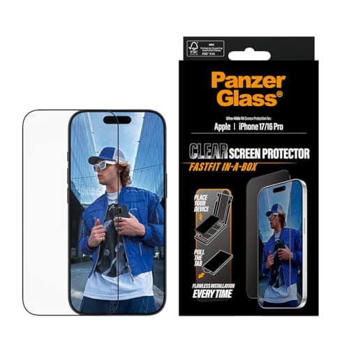 Image of PanzerGlass Screen Protector for iPhone 17/16 Pro 6.3 inch, Ultra Wide Tempered Glass Edge to Edge Drop/Scratch Protection, Anti-Fingerprint, FastFit IN-A-BOX, Easy Installation