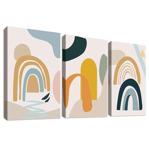 Image of 3Pcs Wooden Framed Canvas Wall Art Set Nordic Minimalist Geometric Painting on Canvas Prints Poster Beige Blue Yellow Abstract Pictures for Living Room Bedroom Hallway Stairs Wall Decor 30x40 cm x3pcs