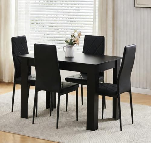 Image of Menaka Modern Wooden Dining Room Table and Chairs Set of 4 for Small Space, 5 Pieces Rectangular Kitchen Table with 4 Chairs (110cm black table with 4 black leather chairs#2)