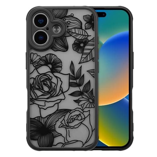 Image of XIZYO Case for iPhone 17 6.3 Inch, Cute Frosted Translucent Rose Floral Flower Pattern Shockproof Cover, for Girls Women Luxury Soft TPU Protective Phone Case, Black
