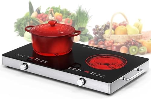 Image of VBGK 2 Ring Electric Hob with Handle, 3520W Ceramic Hob 2 Zone, Double Electric Ceramic Hob Countertop, Safety Lock & 3H Timer, 220V-240V Plug in