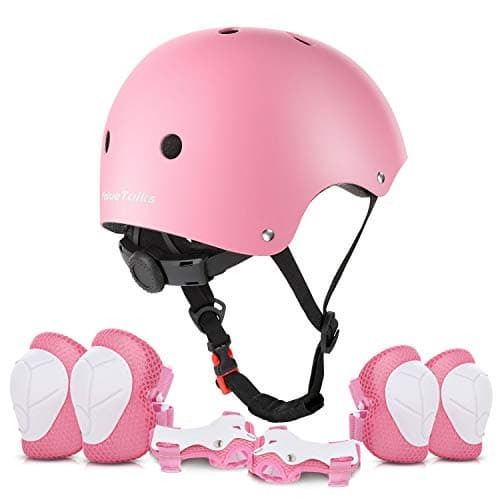 Image of ValueTalks Kids Bike Helmet and Pads Set 7pcs Adjustable Kids Skate Helmet Knee Pads Elbow Pads Wrist Pads for Bicycle Scooter Roller Skate (Pink)