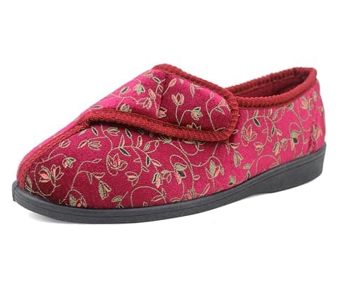 Image of IMTY Womens Wide Opening Diabetic Orthopaedic Machine Washable Touch Fasten Slippers Ladies Floral Velour House Shoes (Red, UK Footwear Size System, Adult, Women, Numeric, Medium, 8)