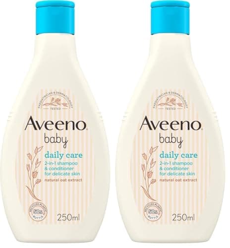 Image of Aveeno Baby Daily Care 2-in-1 Shampoo and Conditioner (2x 250ml), Gentle Baby Shampoo and Conditioner with Natural Oat Extract to Cleanse Scalp and Hair, Haircare Suitable for Sensitive Skin