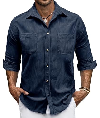 Image of Daysskk Mens Corduroy Button Down Shirts Long Sleeve Casual Shacket Jacket with Pocket Autumn Clothes for Men Navy Blue L