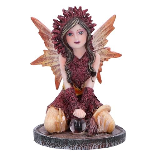 Image of Nemesis Now Crystal Fairy Poppy Figurine 9cm, Resin, Red Fairy Figurine Featuring Crystal Ball, Kneeling Fairy with Glass Ball, Fantasy Gift, Cast in the Finest Resin, Expertly Hand-Painted