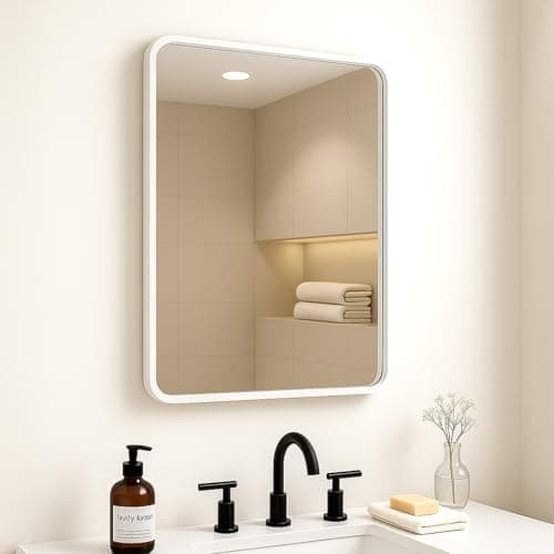 Image of CROWNSHOP Rectangle Wall Mirror with White Aluminum Frame 54x42cm HD Glass & Rounded Corners, Vertical/Horizontal Hanging for Bathroom, Living Room, Hallway