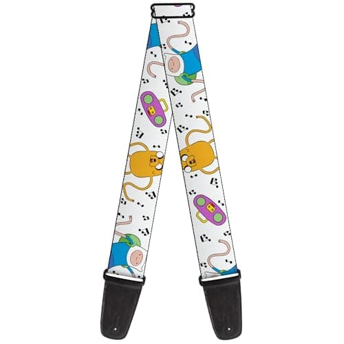 Image of Buckle-Down Cartoon Network Guitar Strap, Adventure Time Finn and Jake Long Arms Dancing Pose White, 2 Inches Wide, White, 2" Wide - 29-54" Length