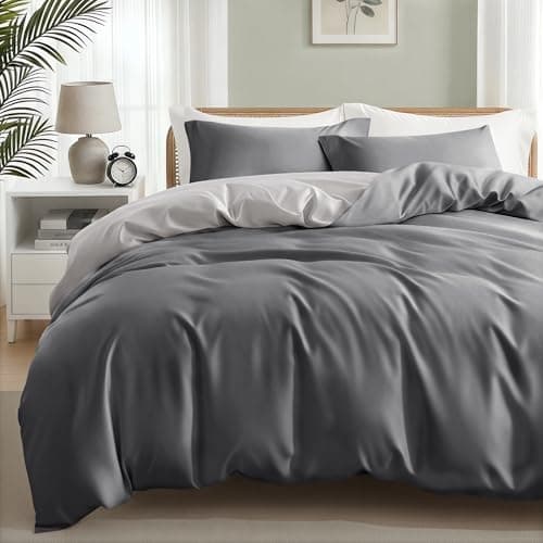 Image of Exclusivo Mezcla Single Duvet Cover Sets - 2 Pcs Pre Washed Bedding Set with Zipper Closure and Corner Ties, Reversible Brushed Microfiber Quilt Cover with 1 Pillowcase, Grey/Light Grey