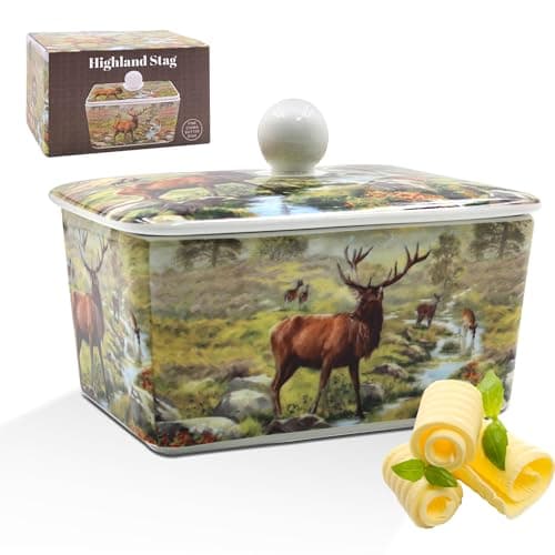 Image of The Leonardo Collection Stag Butter Dish by Macneil Studios | Decorative Porcelain Butter Keeper with Lid | Stag Illustration | Rustic Farmhouse Style | Elegant Kitchen Accessory
