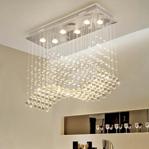 Image of Modern Wave Crystal Chandelier, Rectangular Raindrop Chandelier Flush Mount Pendant Lighting Chrome Ceiling Light Fixture for Dining, Living Room, Kitchen Island, Bedroom, L23.6'' x W9,8'' x H27.6''