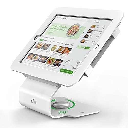 Image of Pinikox Kiosk POS Tablet Stand Compatible with iPad Air 1, Air 2, Pro 9.7, 5th, 6th, Business Desktop Retail Tablet Stand with 360° Swivel Base, Metal, White, PSC101W