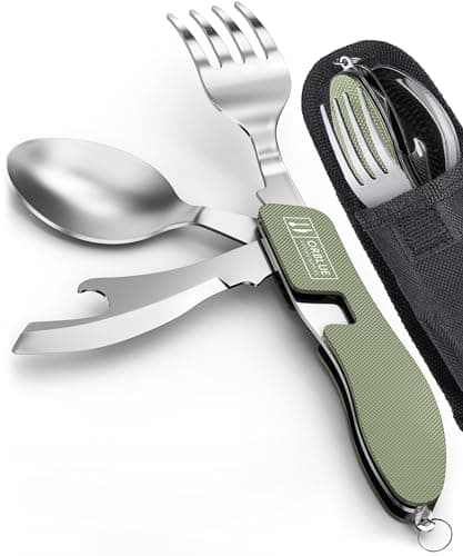 Image of ORBLUE 4-in-1 Camping Cutlery Set 2-Pack – Stainless Steel Foldable Spoon Fork Knife Bottle Opener with Pouch – Portable Travel Cutlery & Camping Utensils for Hiking & Outdoor Use – Olive Green