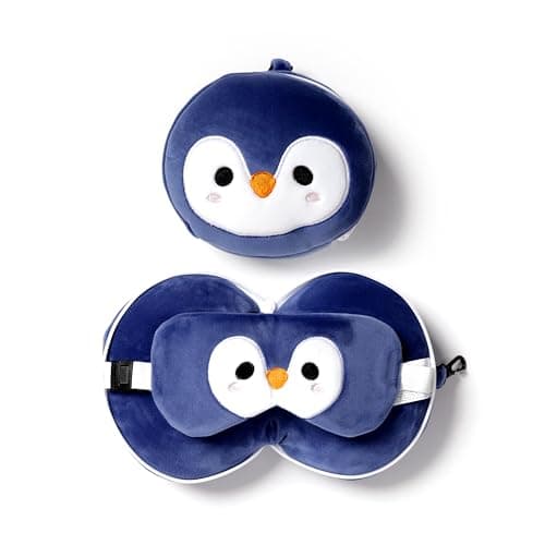 Image of Puckator Relaxeazzz Penguin Round Plush Travel Pillow & Eye Mask - Sleep Eye Mask Masks - Kids Travel Accessories For Sleeping Airplane - Flight Plane Neck Pillow Pillows