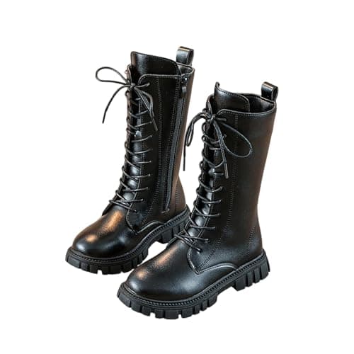 Image of Saxrel Black Girls Knee High Boots Kids Lace Up Side Zipper Sweet Steampunk Style Thick Rubber Sole Stitching Faux Leather School Shoes Waterproof Combat Shoes UK Size 11.5