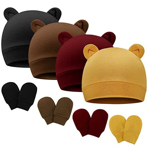 Image of AQOKKA 4 Pcs Newborn Baby Bear Ear Hats and Mittens Set Infant Beanie Caps Newborn Hospital Hat for Baby Boy Girl 0-3 Months