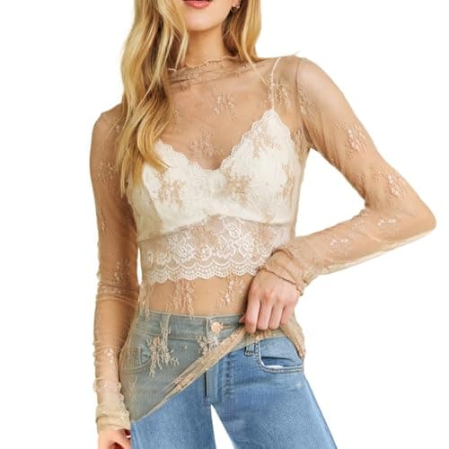 Image of Women's 2025 Mesh Crop Top Long Sleeve Mock Neck Lace Floral See Through Y2K Shirt Blouses Womens Short Sleeve T Shirt (Beige, M)