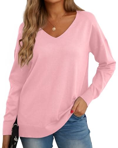Image of GRECERELLE Women's Casual Jumpers Sweatshirt Ladies Classic Plain Pullover Knit V Neck Long Sleeve Jumper Tops Blouse T-Shirt for Winter Fall Spring (13 Pink, L)