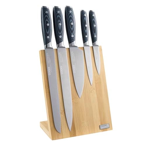 Image of Cooks Professional Ultimate 5 Piece Knife Set with Magnetic Bamboo Knife Block & Micarta Handles | Satin Finish Stainless-Steel Blades | Home Kitchen Paring, Utility, Chef, Bread & Carving Knives