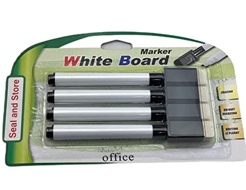 Image of 4 Black Magnet White board whiteboard marker pens dry erase easy wipe eraser