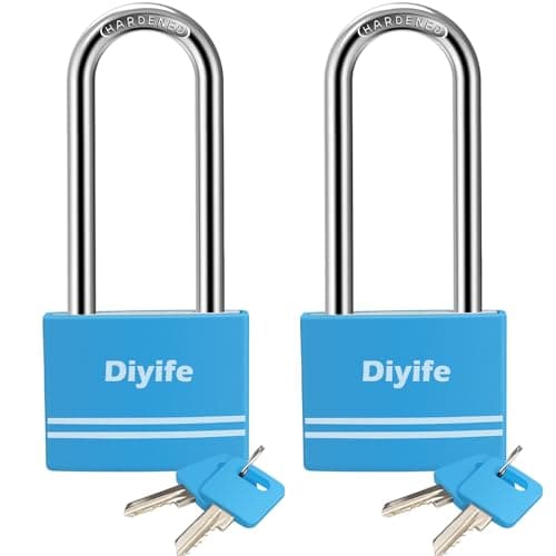 Image of Diyife Aluminum 7mm Long Shackle Padlocks [2 Pack] [4 Keys], Anti-Rust Weatherproof Locks, 40mm Locker Padlocks for School, Gym, Gate, Garage, Shed (Blue)