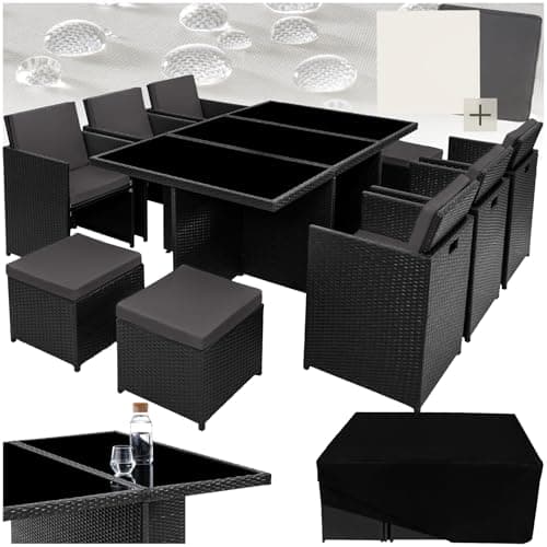 Image of tectake Polyrattan Garden Furniture Set with Aluminium Base, Including 6 Dining Chairs, 1 Table, 4 Stools, Foldable Garden Lounge Set, For Up To 10 People, Patio Furniture - black