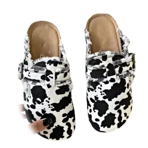 Image of Women's Leopard Print Canvas Mule Slippers Stylish Slip-On Clogs,Women's Clog Mules Arch Support Potato Shoes with Comfort Cork Footbed with Adjustable Buckle(Cow,UK6.5-EU41)