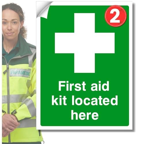 Image of First Aid kit Located here Safety Signs Self adhesive vinyl stickers 2pc or 4pc Health and safety compliant, Waterproof-Oil proof First aid sticker signs, Suitable for all areas