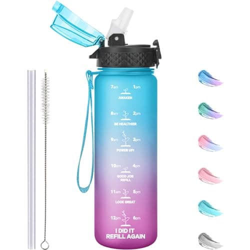 Image of GOPPUS 500ml/17oz Kids Water Bottles with Straw Tritan Childrens Bottle with Flip Top Lid BPA Free Measured Drinks Bottle with Strap Sports Reusable Time Markings Leakproof (Blue Purple)
