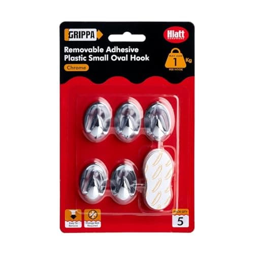 Image of GRIPPA Self Adhesive Small Oval Hooks, Removable Sticky Hooks, Holds Up to 1kg - Chrome Pack of 5