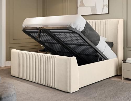 Image of Furnishion Majestic Superking Ottoman Bed Frame, Modern Velvet Superking Ottoman Bed with Gas Lift Storage, Luxury 6ft Super King Size Beds with Metal Mesh Base & 48" Headboard in Cream Plush