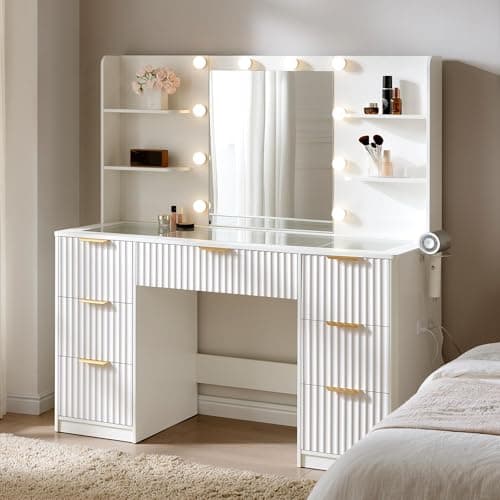 Image of LUXOAK Fluted Dressing Table with Mirror & LED Lights, 7-Drawer Makeup Vanity with Glass Top, Charging Station & Hair Dryer Holder for Women & Girls, White