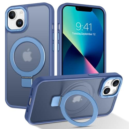 Image of DUEDUE Magnetic Case for iPhone 13/iPhone 14 Case with Stand [Compatible with Magsafe] Invisible Ring Holder, Slim Translucent Matte Back, Military Shockproof Phone Case for iPhone 13/14 6.1", Blue