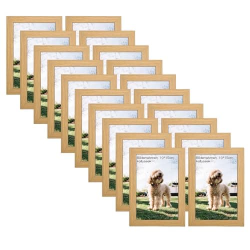 Image of kollyseek 20 Pack 10x15cm MDF Picture Frames 4x6in Wooden Display Photo Frame with Acrylic Glass and White Mount Desktop/Wall Mounting Decorative Poster Frame (Natural)