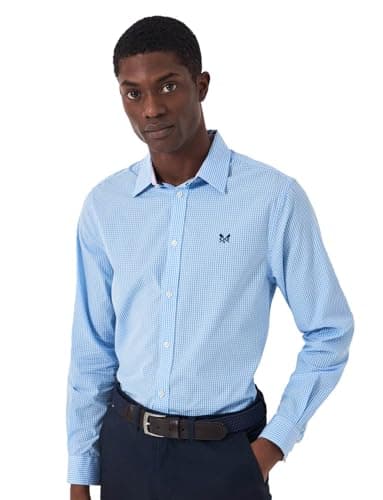 Image of Crew Clothing Men's Classic Fit Gingham Shirt with Contrast Cuffs & Collar 100% Cotton Sky Blue 44 (XL)