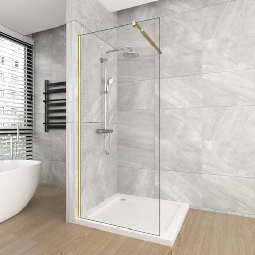 Image of T&K 800x1900 mm Walk in Shower Enclosure Wetroom Shower Screen Panel Gold Framed, 8mm Tougheded Glass Safety Double-Sided Easy Clean Glass with Telescopic Support Bar