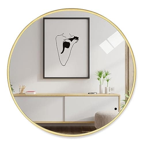 Image of Holdfiturn 50cm Round Wall Mirror - Large Modern Gold Copper Brushed Metal Frame, HD Glass for Makeup, Bathroom, Living Room, Bedroom