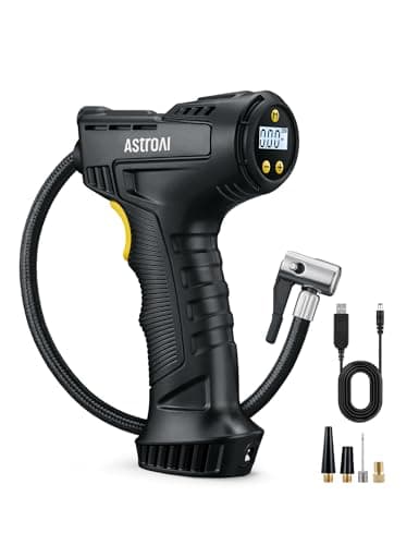 Image of AstroAI Car Tyre Inflator Air Compressor, USB Rechargeable Battery Cordless Tyre Inflator, 150PSI Portable Handheld Tyre Pump Digital with Torch and 4 Adaptors for Car, Motorcycle Bike, Ball