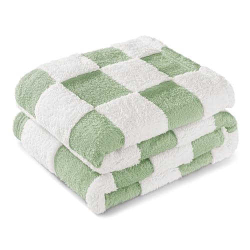 Image of Exclusivo Mezcla Checkered Throw Blanket, Super Soft and Warm Fluffy Fleece Blanket for Couch, Sofa, Bed, Cute Plaid Pattern, Sage Green, 127x152 CM