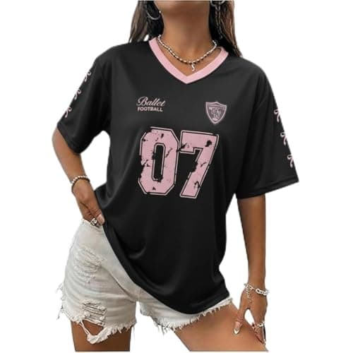 Image of Zidoley Jersey Tops for Women, y2k Fashion Ladies Oversized t Shirts, V Neck Sports American Football/Baseball Jersey, Number Summer Varsity Top (UK, Alpha, XL, Regular, Regular)