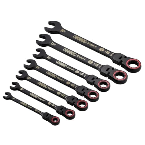 Image of Draper 03927 Expert HI-TORQ Metric Flexible Head Ratchet Combination Spanner Set, Black (7 Piece)