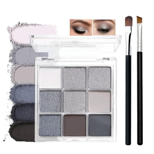 Image of 9-Color Silver Grey Eyeshadow Palette with Brush – Matte & Glitter Black, Silver & Grey Shades – Waterproof Highly Pigmented Long-Lasting Smooth Blendable Formula for Smokey Goth Looks