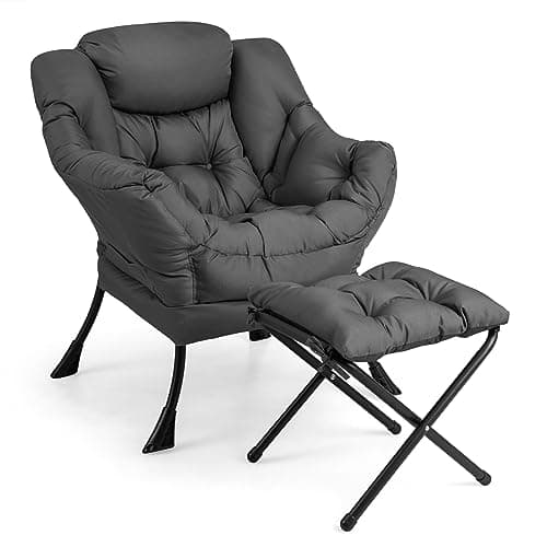 Image of COSTWAY Armchair Accent Chair, Fabric Upholstered Lounge Armchair Leisure Reading Chair with Side Pocket, Metal Frame Comfy Seat Lazy Sofa Chairs for Living Room Bedroom (with Footstool, Dark Grey)
