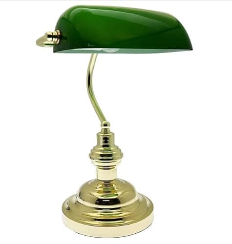 Image of Almineez Classic Retro Bankers Lamp Handmade Emerald Green Glass Shade Polished Brass Vintage Office Traditional Table Light, Antique Style Desk Lamps for Office, Library, Study Room Tilt Head